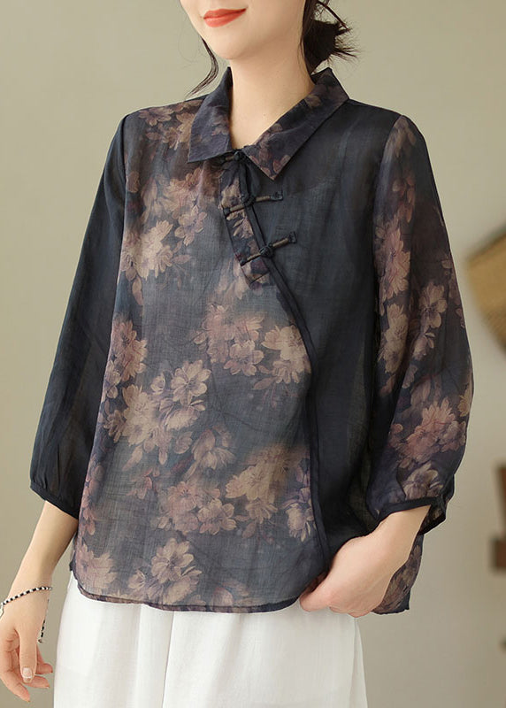 Black Button Print Patchwork Linen Top Bracelet Sleeve
