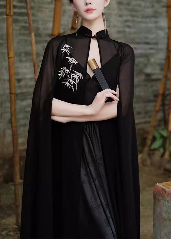 Black Embroidered Cape and Spaghetti Strap Dress Silk 2 Piece Outfit Spring