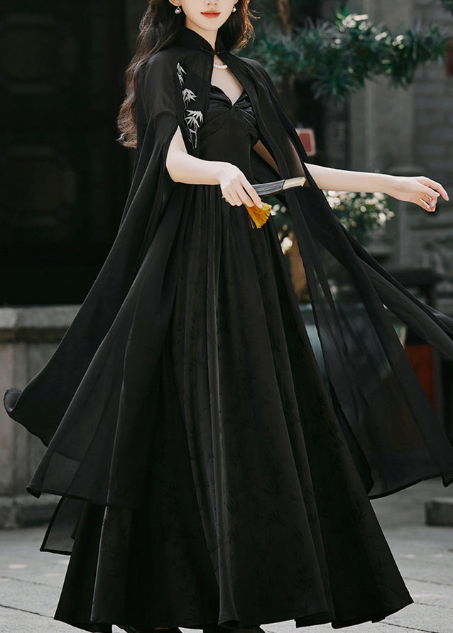 Black Embroidered Cape and Spaghetti Strap Dress Silk 2 Piece Outfit Spring