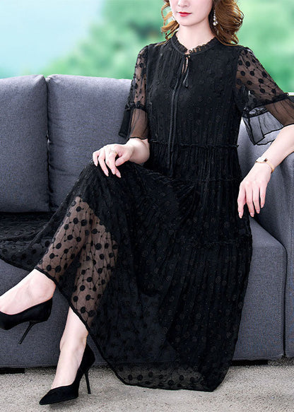 Black Embroidered Hollow Out Lace Long Dress Summer