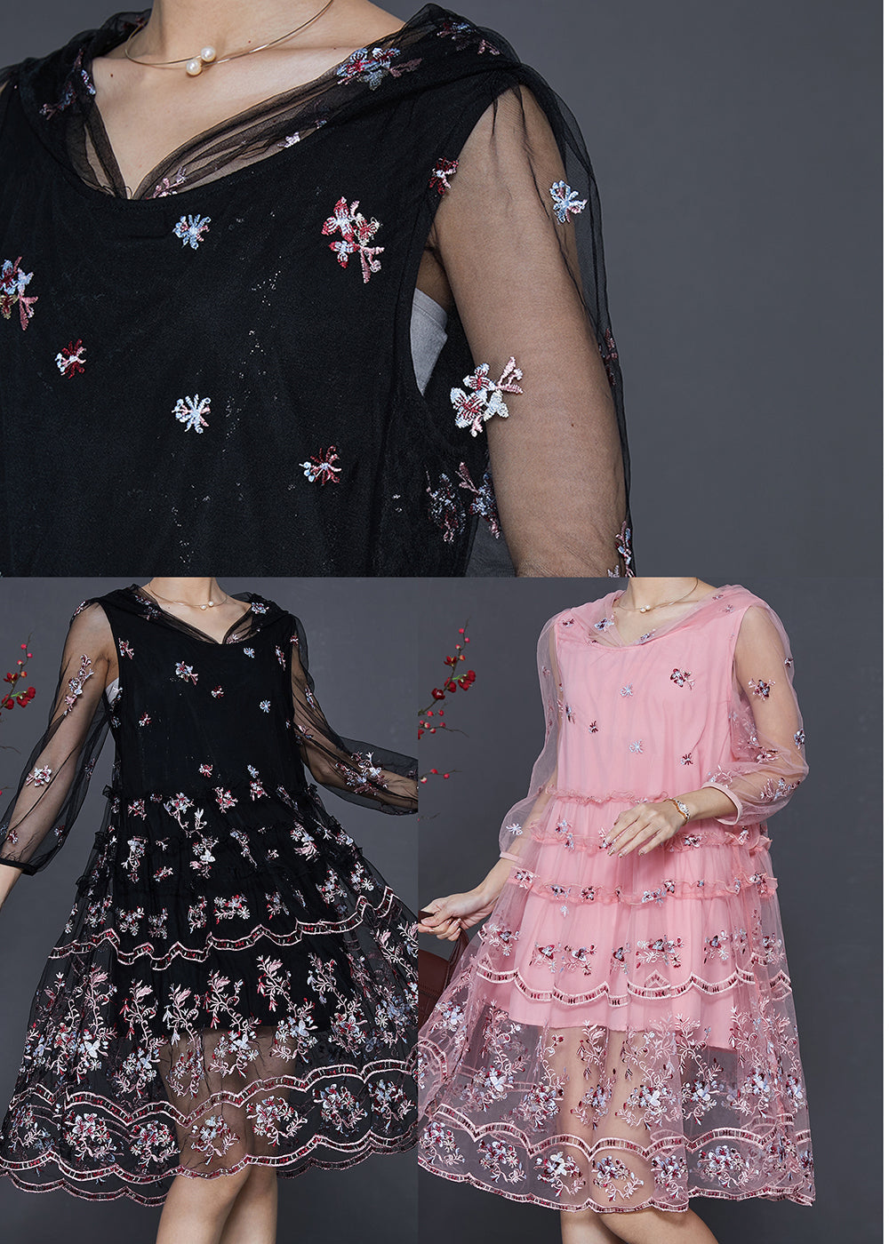 Black Embroidered Tulle Beach Dresses Summer