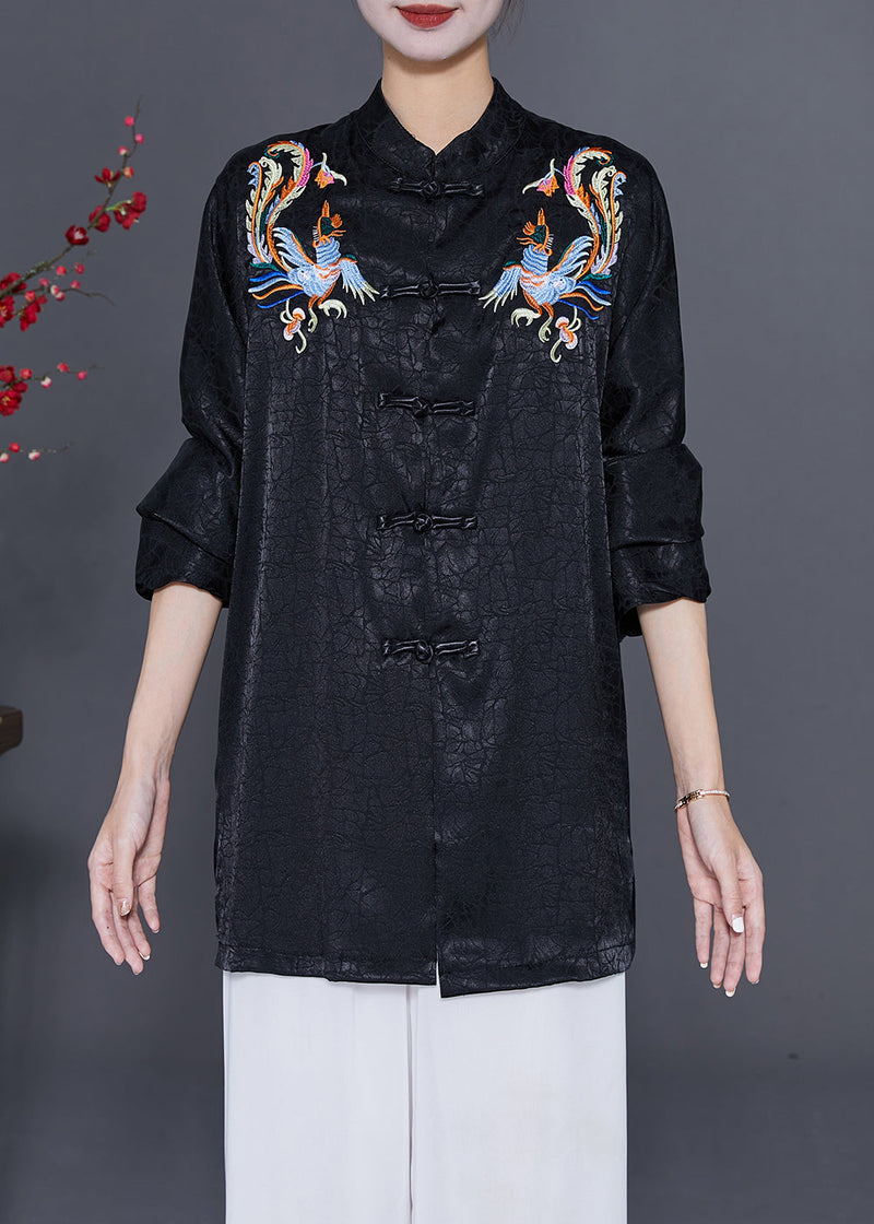 Black Embroidered Chinese Button Silk Blouses Fall