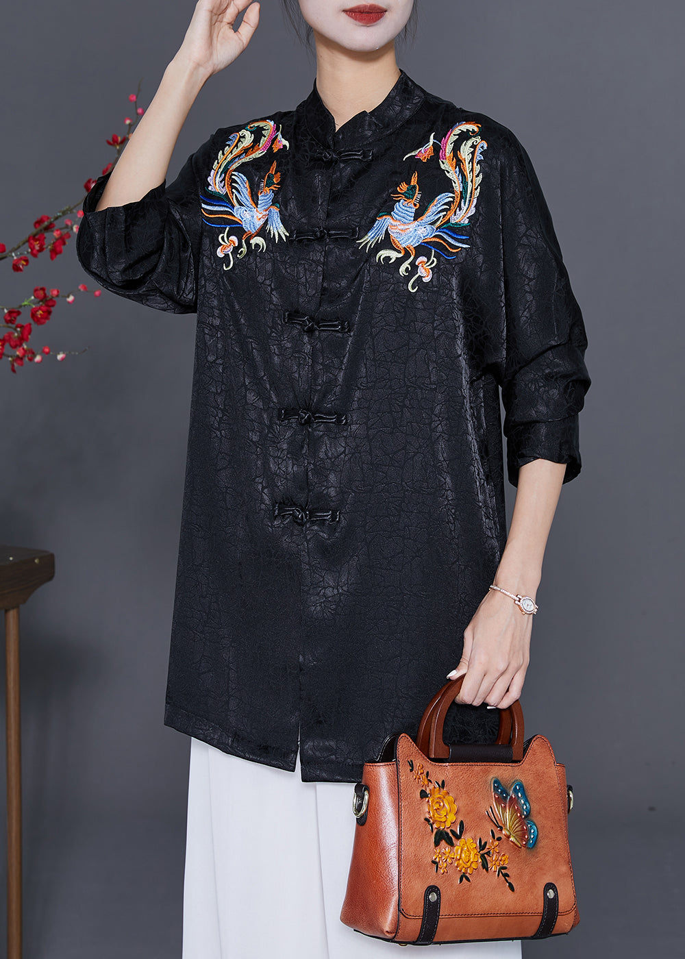 Black Embroidered Chinese Button Silk Blouses Fall