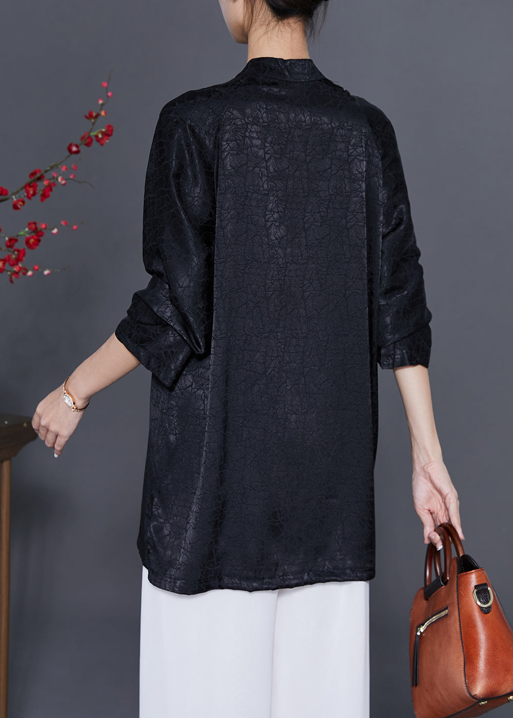 Black Embroidered Chinese Button Silk Blouses Fall