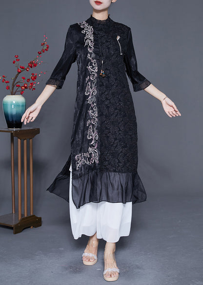 Black Embroideried Patchwork Jacquard Silk Dress Bracelet Sleeve