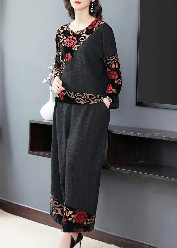 Black Embroidered Tops and Wide Leg Pants Cotton Two Piece Set Fall