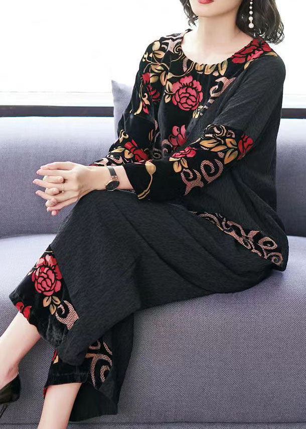 Black Embroidered Tops and Wide Leg Pants Cotton Two Piece Set Fall