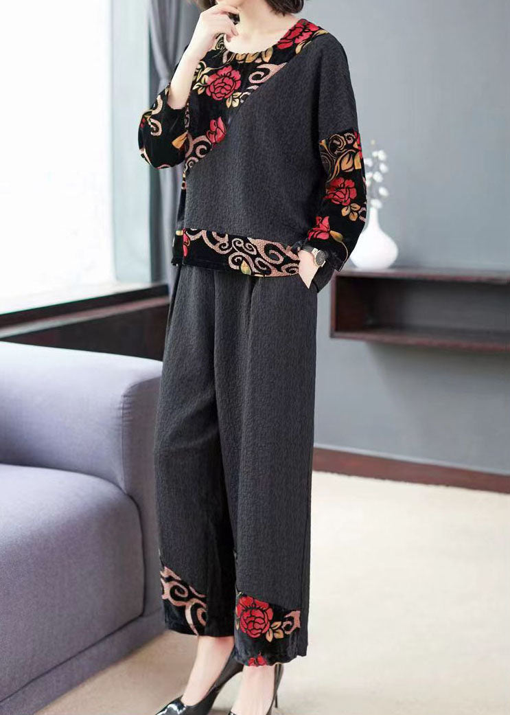 Black Embroidered Tops and Wide Leg Pants Cotton Two Piece Set Fall