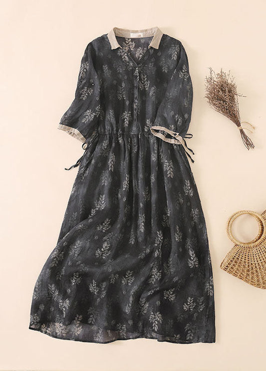 Black Grey Peter Pan Collar Drawstring Print Linen Holiday Dress Half Sleeve