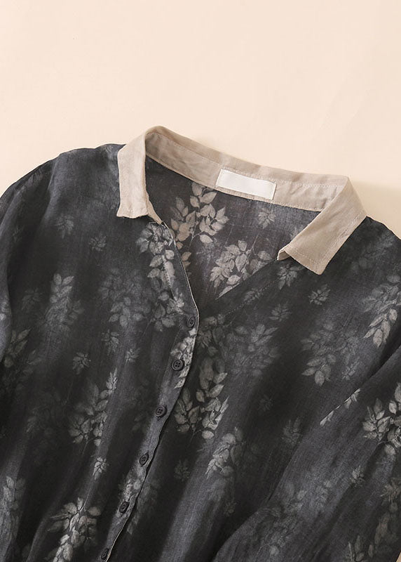 Black Grey Peter Pan Collar Drawstring Print Linen Holiday Dress Half Sleeve