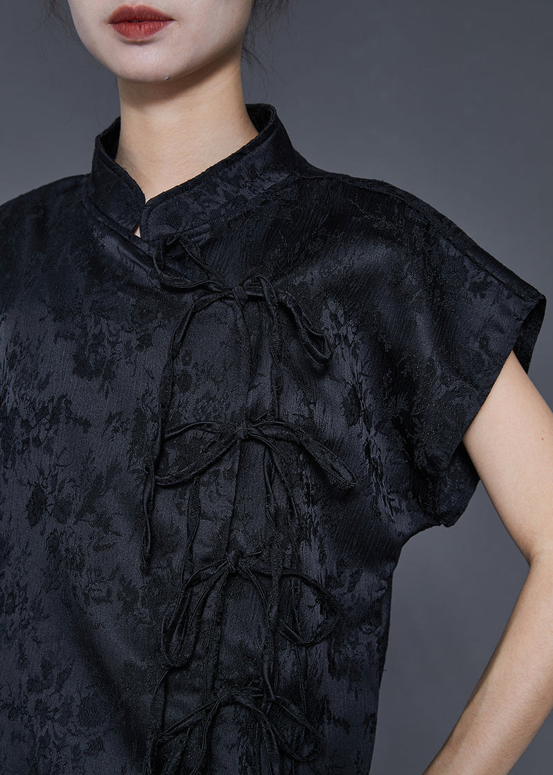 Black Jacquard Patchwork Bow Silk Dress Summer