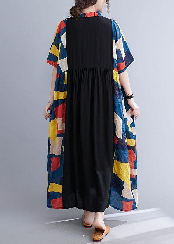 Black Loose Ruffles Pockets Patchwork Summer Dress Half Sleeve
