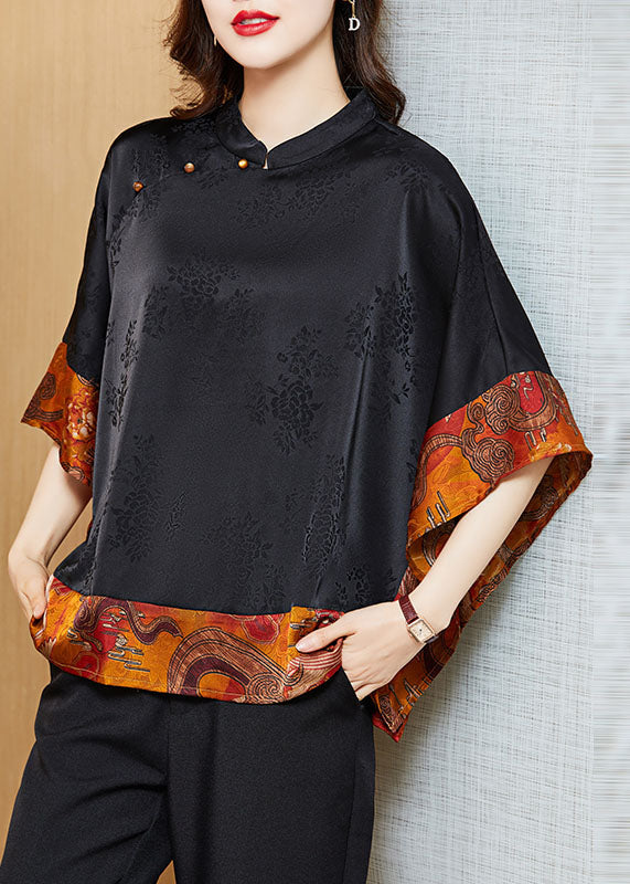 White Text Mandarin Collar Asymmetrical Patchwork Jacquard Silk Shirts Batwing Sleeve
