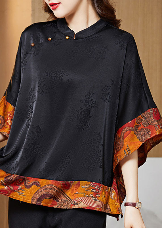 White Text Mandarin Collar Asymmetrical Patchwork Jacquard Silk Shirts Batwing Sleeve