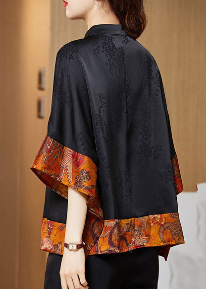 White Text Mandarin Collar Asymmetrical Patchwork Jacquard Silk Shirts Batwing Sleeve