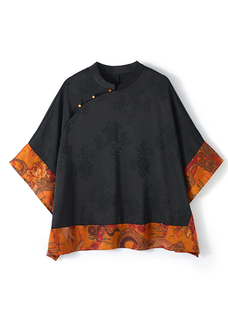 White Text Mandarin Collar Asymmetrical Patchwork Jacquard Silk Shirts Batwing Sleeve