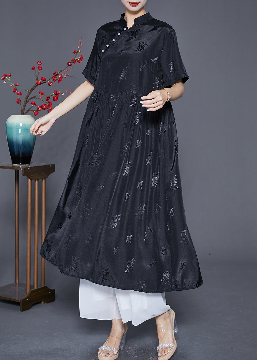 Black Mandarin Collar Jacquard Exra Large Hem Silk Dresses Summer