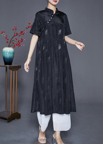 Black Mandarin Collar Jacquard Exra Large Hem Silk Dresses Summer