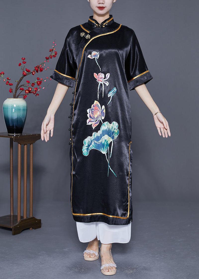 Black Mandarin Collar Print Side Open Silk Chinese Style Dress Summer