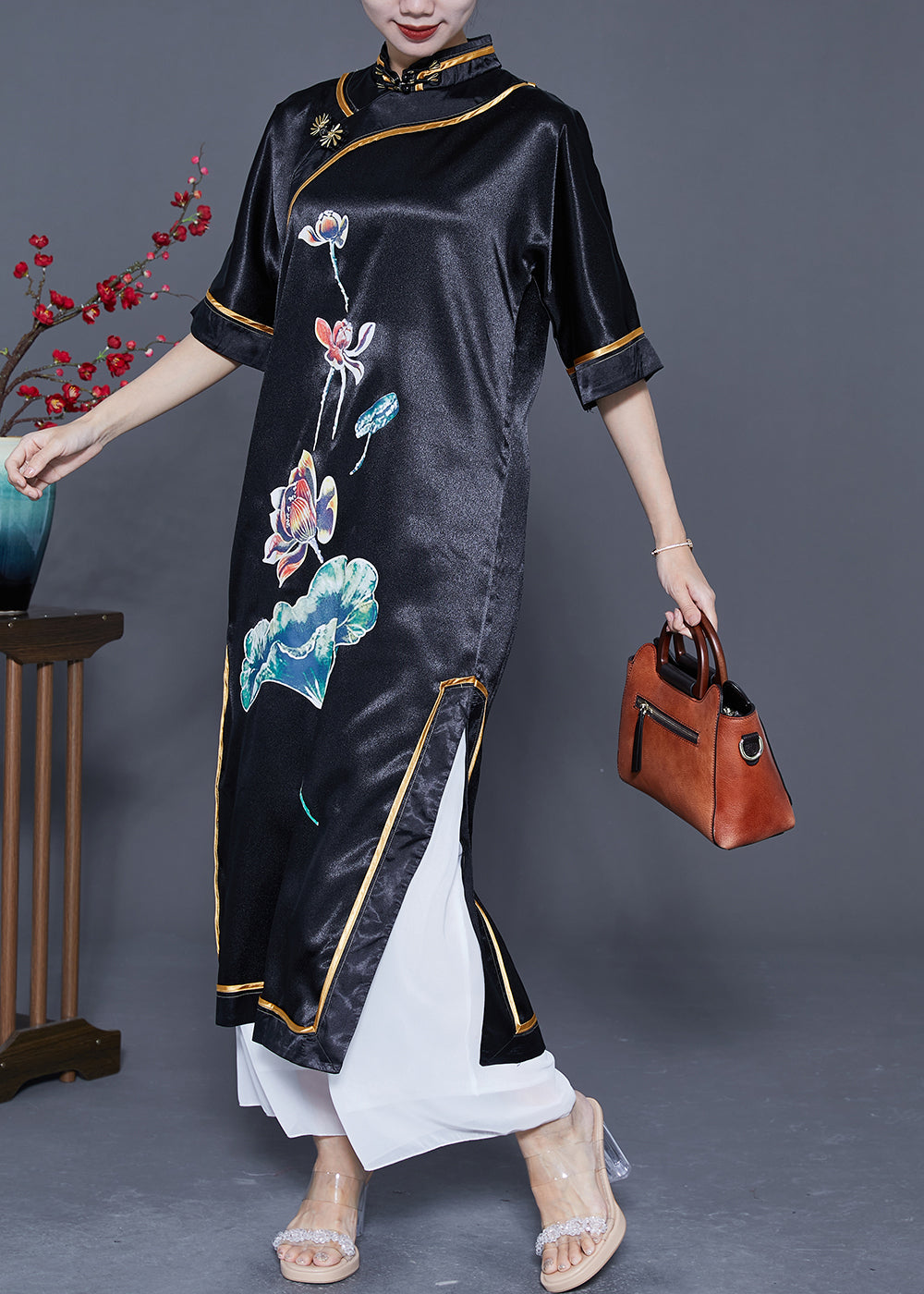 Black Mandarin Collar Print Side Open Silk Chinese Style Dress Summer