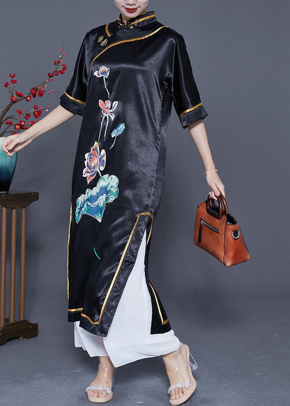 Black Mandarin Collar Print Side Open Silk Chinese Style Dress Summer