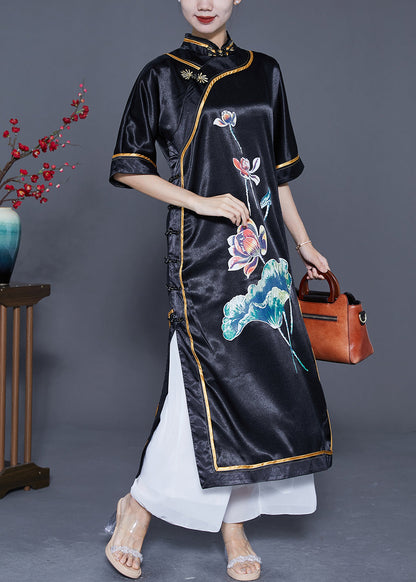 Black Mandarin Collar Print Side Open Silk Chinese Style Dress Summer
