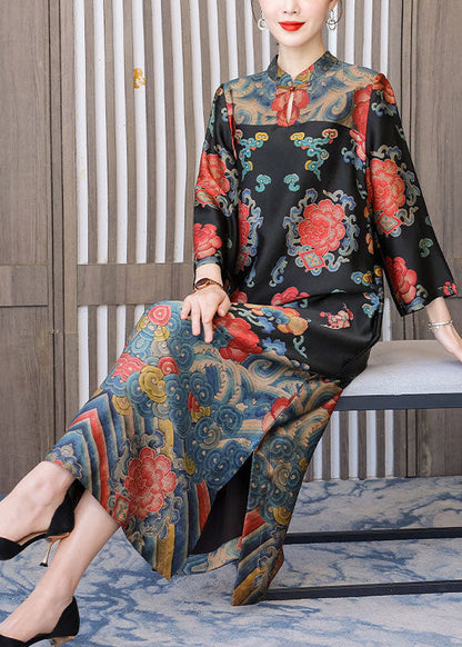 Black Mandarin Collar Print Silk Long Dresses Bracelet Sleeve