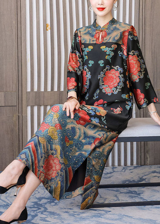 Black Mandarin Collar Print Silk Long Dresses Bracelet Sleeve