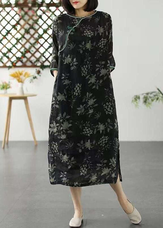 Black O Neck Patchwork Long Linen Dresses Summer