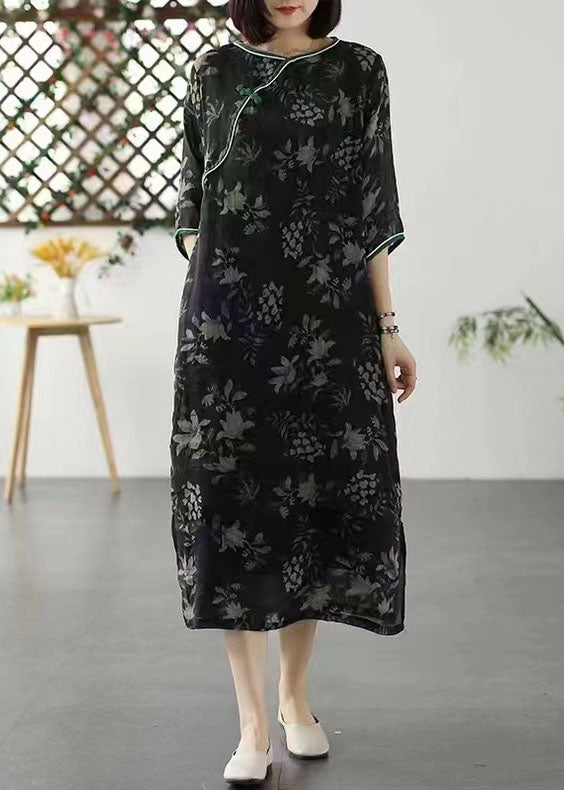 Black O Neck Patchwork Long Linen Dresses Summer