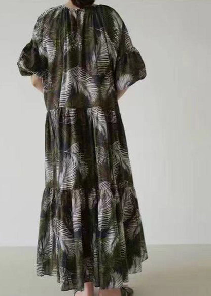 Black O-neck Print Long Dress Short Sleeve