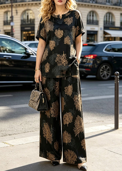 Black O-neck Print T Shirts and Wide Leg Pants Silk Two Piece Set Summer