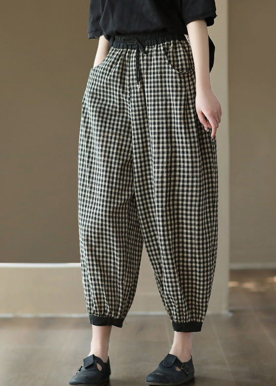 Black Plaid Elastic Waist Harem Pants Summer