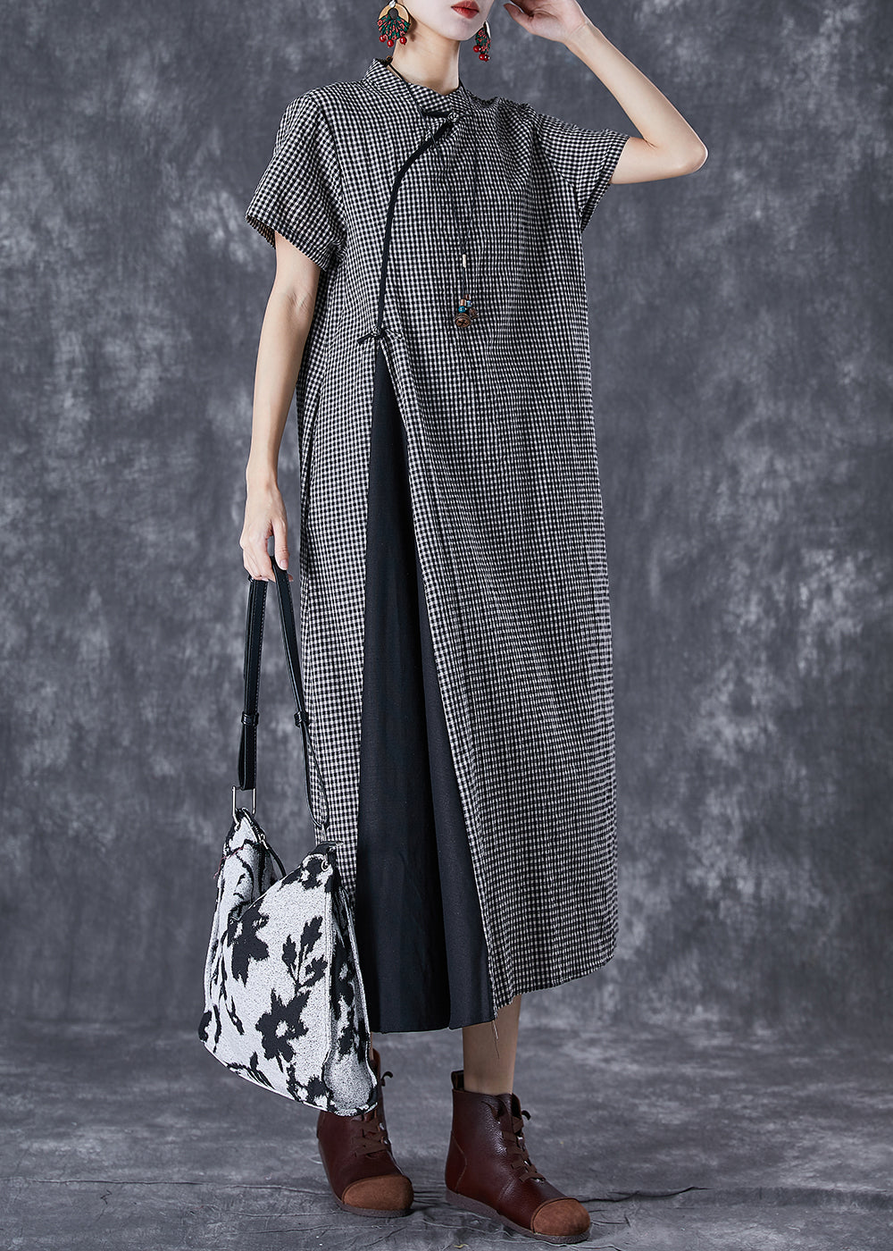 Black Plaid Patchwork Linen Cheongsam Dresses Summer