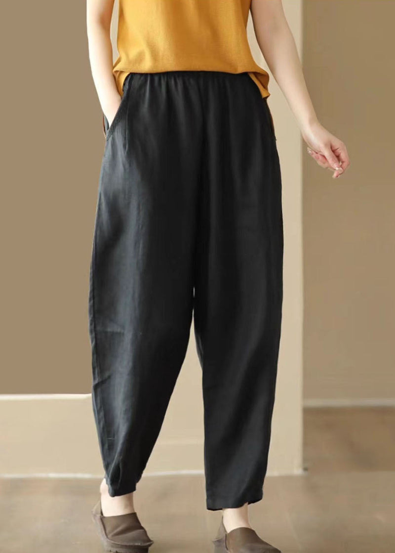 Black Pockets Wrinkled Patchwork Linen Pants Summer