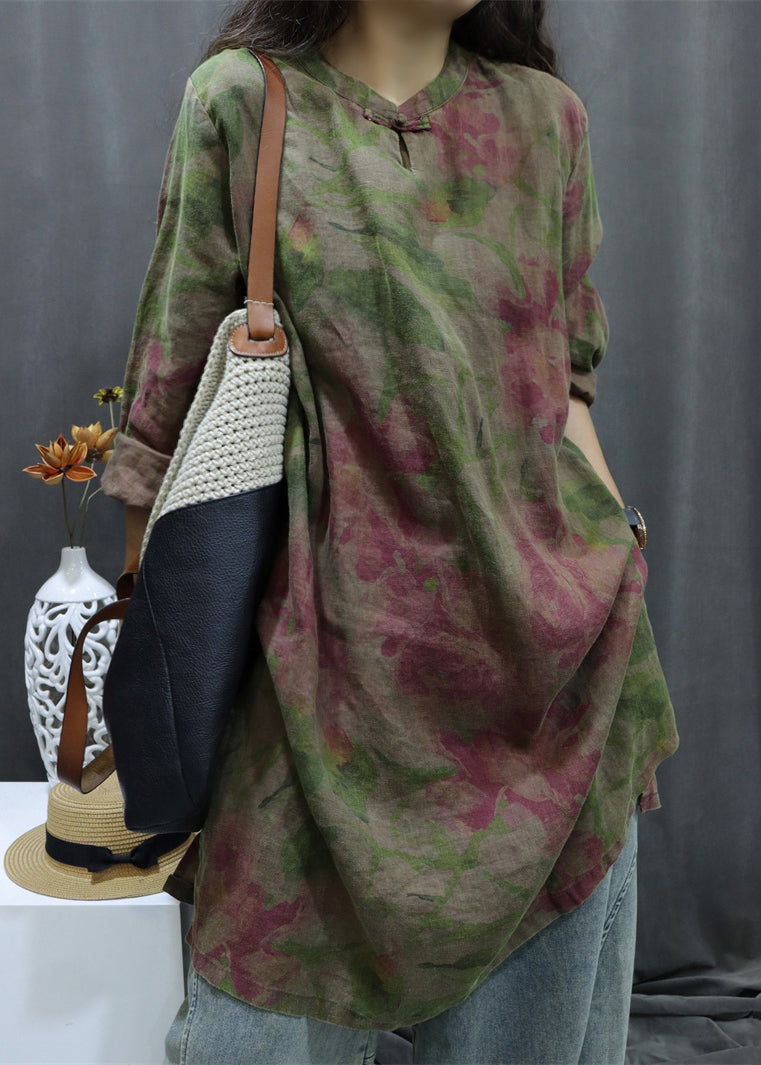Black Print Button Linen Shirts Dress Bracelet Sleeve