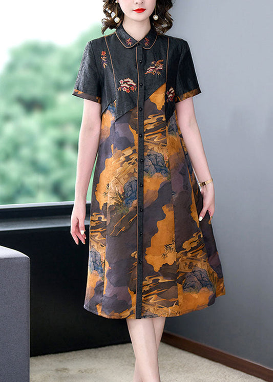 Black Print Button Patchwork Silk Mid Dress Summer