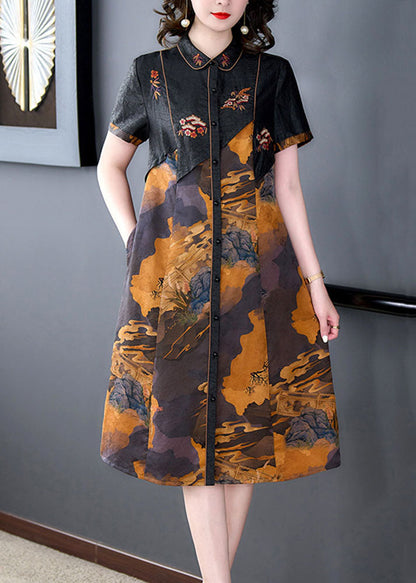 Black Print Button Patchwork Silk Mid Dress Summer