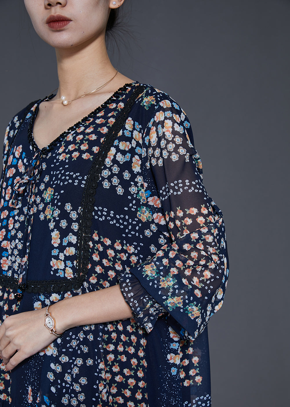 Black Print Exra Large Hem Chiffon Maxi Dresses Summer