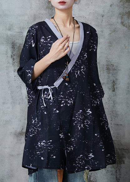 Black Print Lace Up Linen Blouses Summer