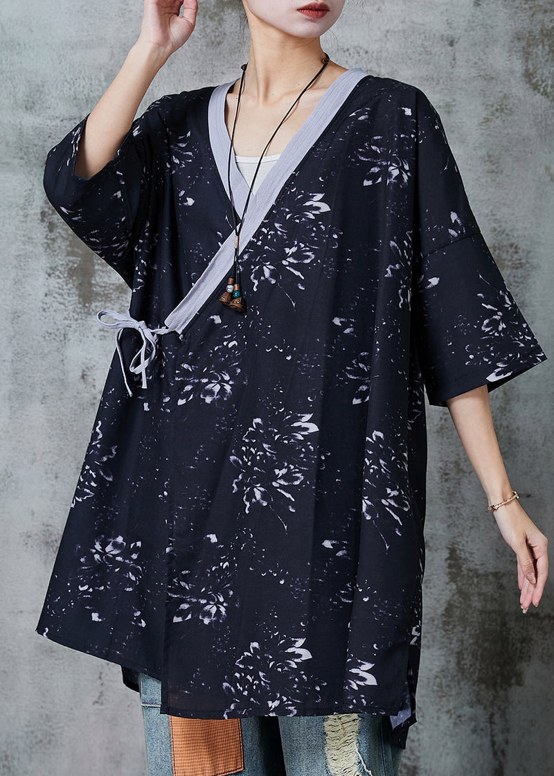 Black Print Lace Up Linen Blouses Summer