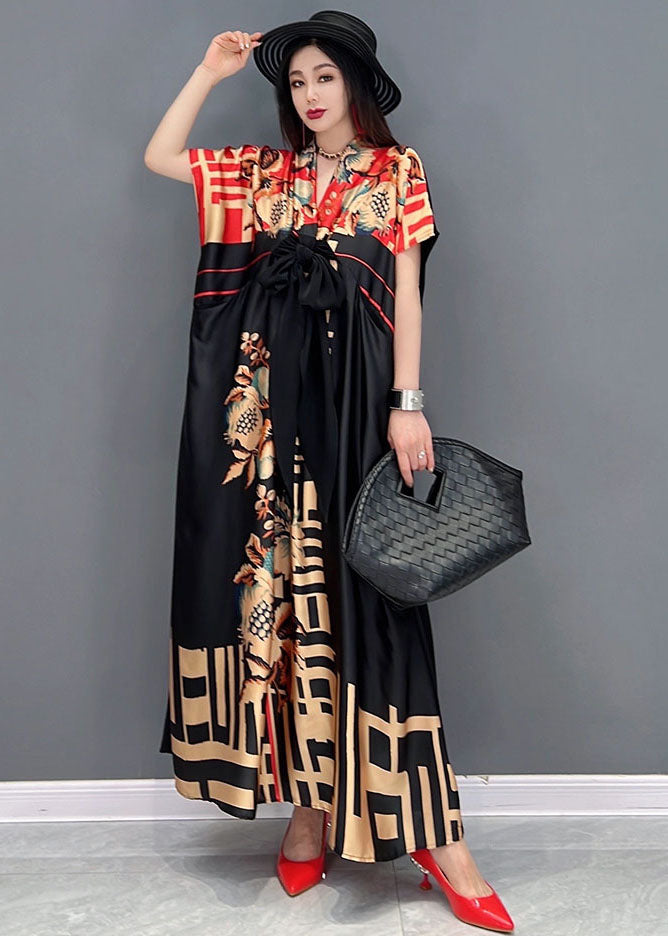 Black Red V Neck Bow Print Satin Long Dresses Short Sleeve