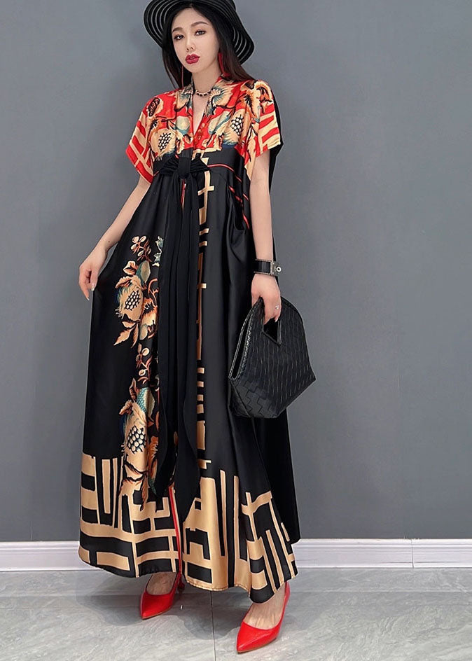 Black Red V Neck Bow Print Satin Long Dresses Short Sleeve