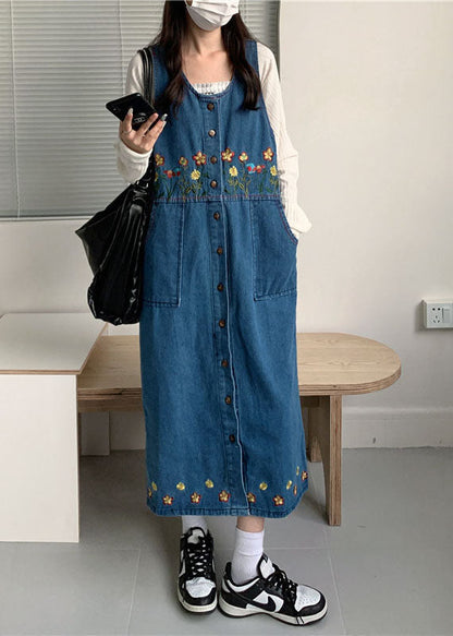 Black Slash Neck Embroidered Patchwork Button Denim Maxi Dress Sleeveless