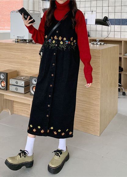 Black Slash Neck Embroidered Patchwork Button Denim Maxi Dress Sleeveless