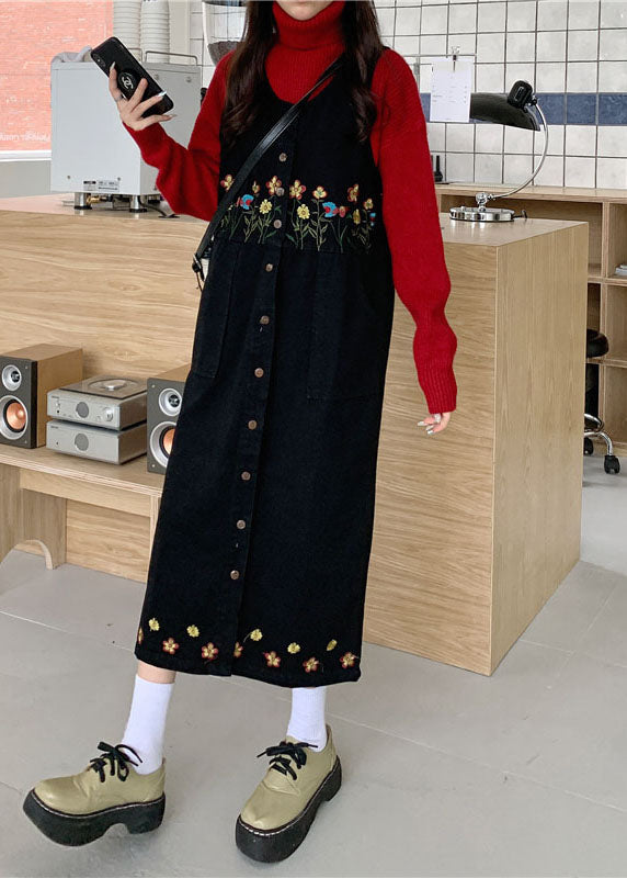 Black Slash Neck Embroidered Patchwork Button Denim Maxi Dress Sleeveless