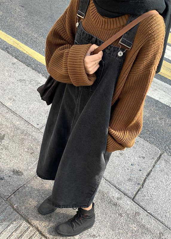 Black Slash Neck Patchwork Button Denim Long Dress Fall