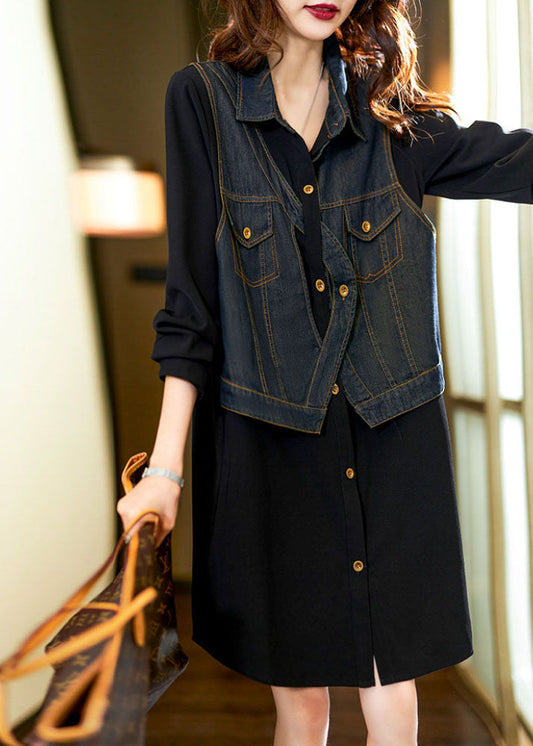 Black Square Collar Denim Patchwork Fake Two Pieces Mid Dress Long Sleeve