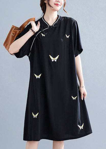 Black Stand Collar Button Butterfly Embroideried Cheongsam Dresses Short Sleeve