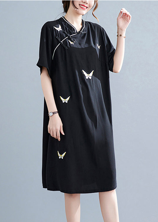 Black Stand Collar Button Butterfly Embroideried Cheongsam Dresses Short Sleeve